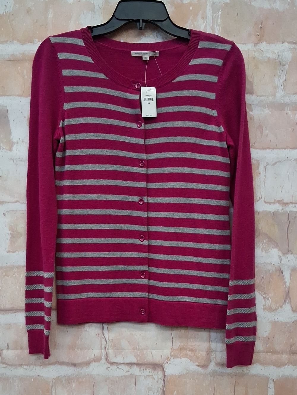 NWT GAP Raspberry and Gray Striped Button-Front Cardigan